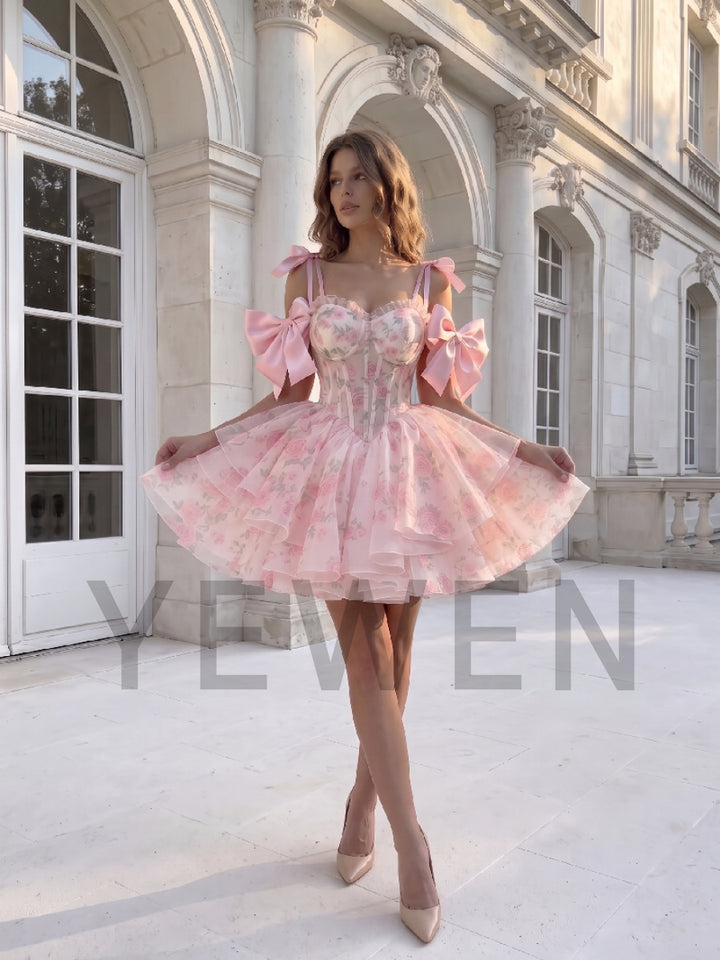 Pink Floral Off-Shoulder Bow Sleeve Corset Princess Dress WT268013