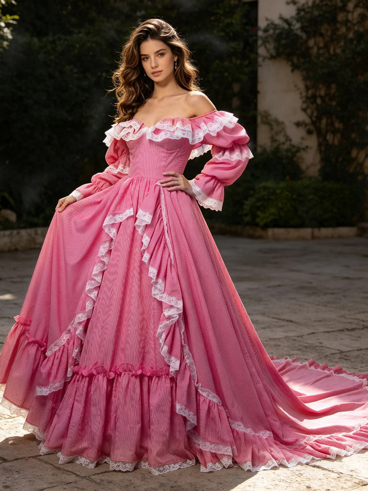 Custom Made Princess Gown with Adjustable Train Red Stripe Maiden Gown YW260265-1