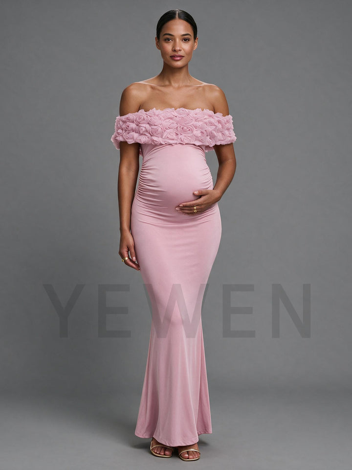 Pink 3D Rose Off-The-Shoulder Maternity Maxi Dress for Baby Shower