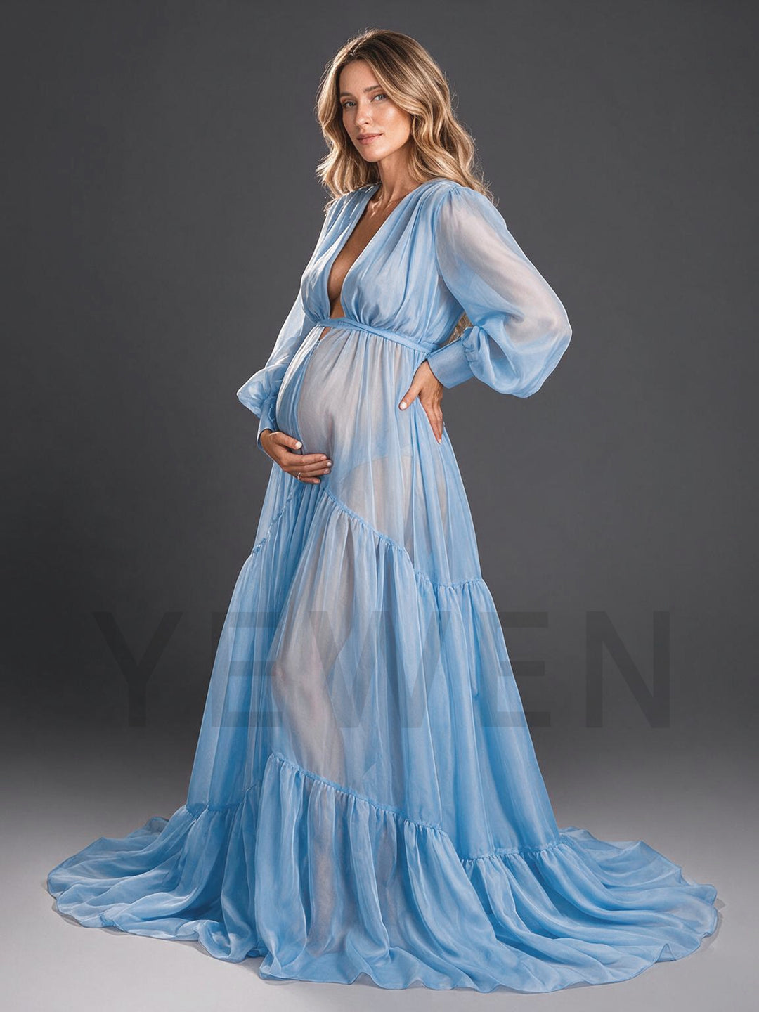 Deep V-Neck Sheer Long Sleeve Maternity Gown for Photoshoot YW2610192