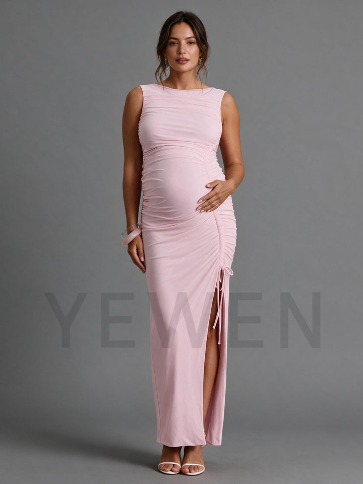 Baby Pink Sleeveless Ruched Side Slit Maternity Dress for Baby Shower