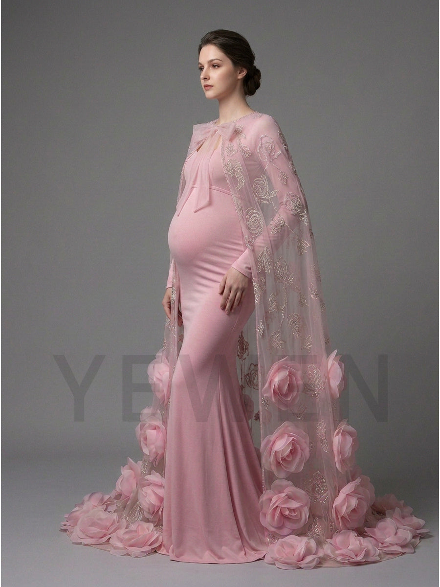 Maternity Gown with Flower Cape Pregnant Gowns Baby Shower Photoshoot Dress YD260726