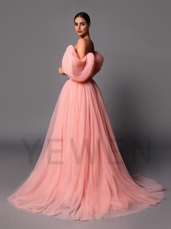 Fashionable Pleated Evening Dress A Line Off Shoulder Formal Gown