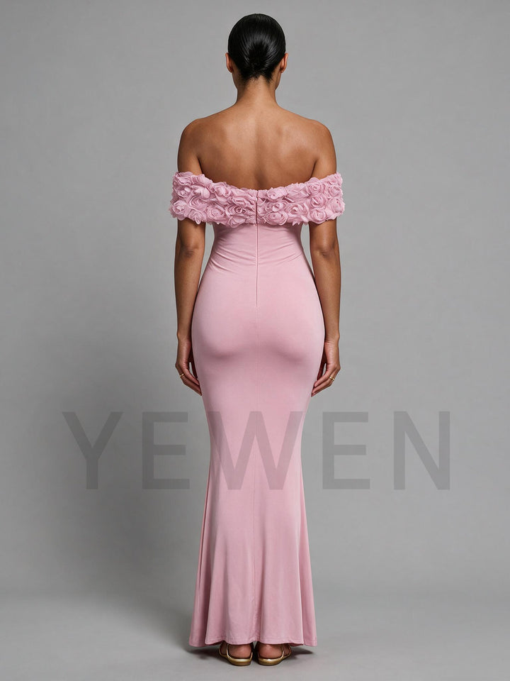 Pink 3D Rose Off-The-Shoulder Maternity Maxi Dress for Baby Shower