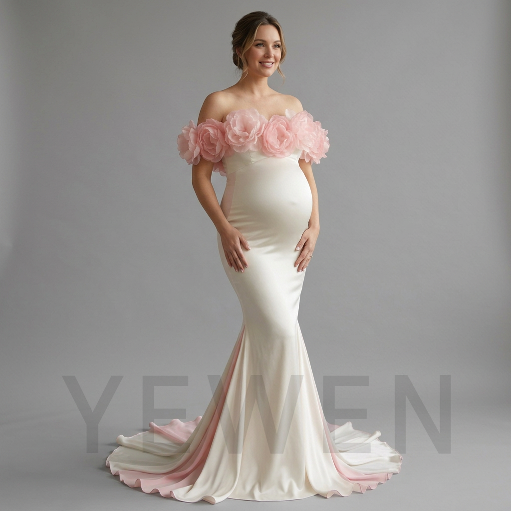 Off-Shoulder 3D Floral Mermaid Maternity Photoshoot Gown YD260926