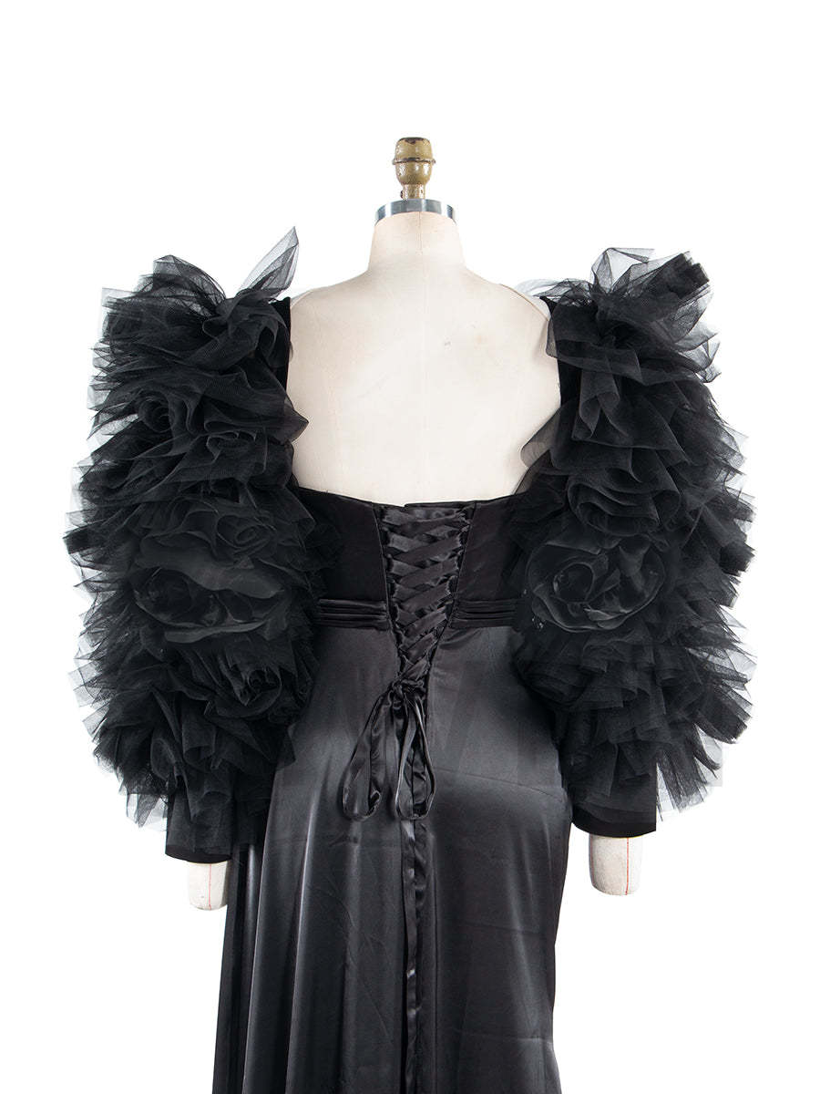 Black Stretchy Satin Mermaid Style Special Event Dress Party Dress Detachable Sleeves YW250042