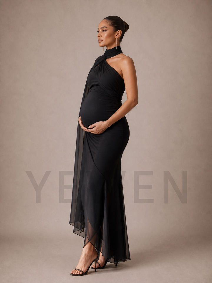 Black Maternity Baby Shower Dress Asymmetric Gown with Sheer Cape Overlay ZX013