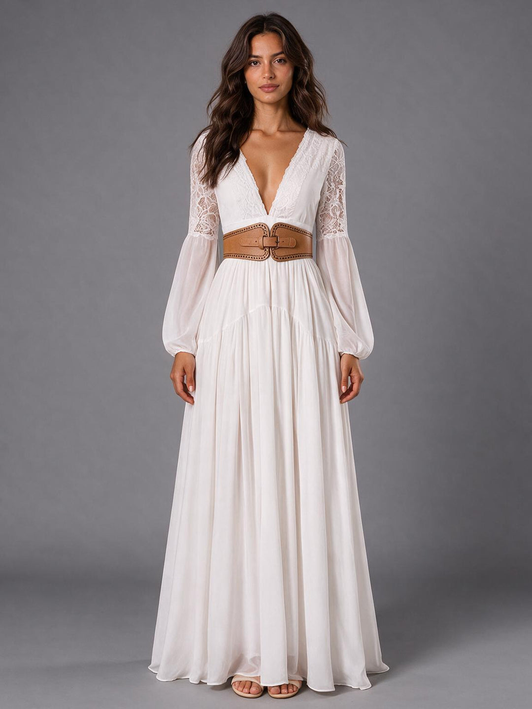 Ivory Deep V-Neck Lace Sleeve Boho Wedding Dress(without Leather Belt)