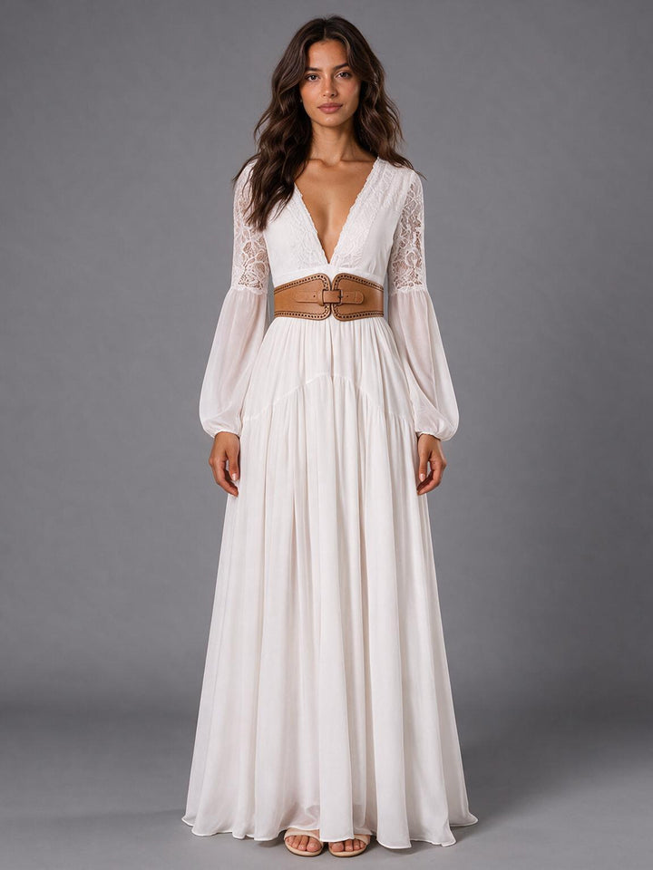 Ivory Deep V-Neck Lace Sleeve Boho Wedding Dress(without Leather Belt)