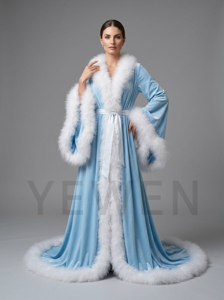 Christmas Robe with White Faux Fur Trim and Flared Sleeves YD261015