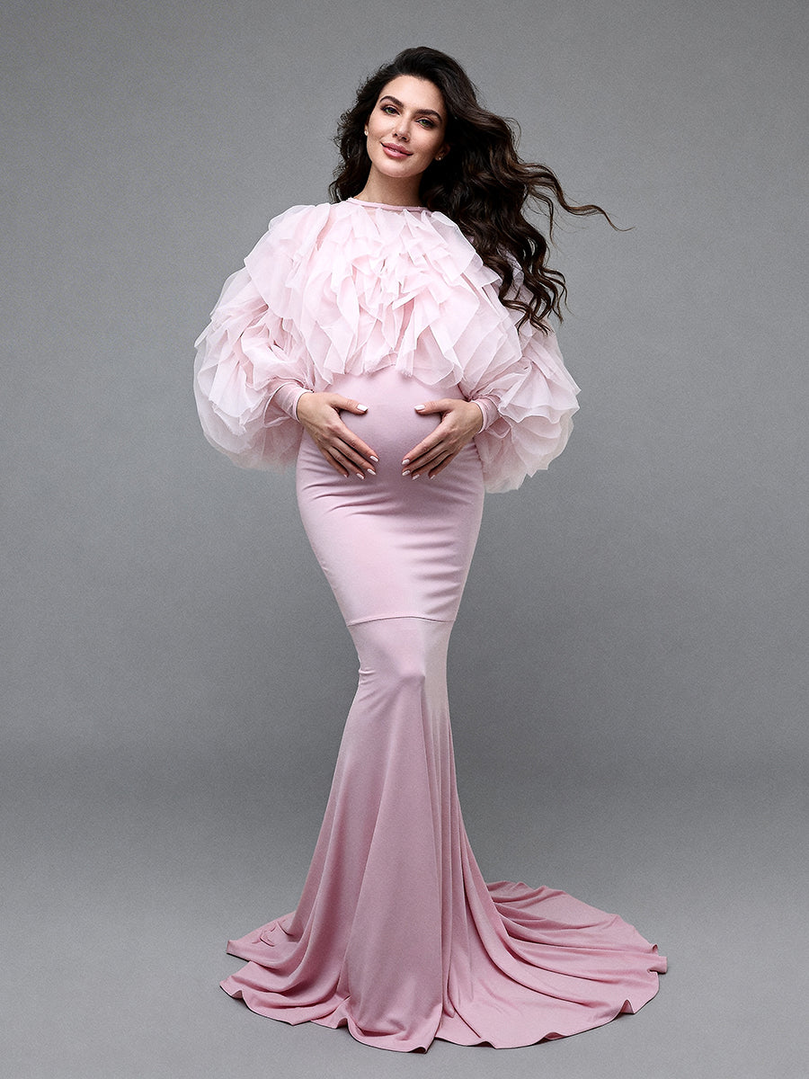 Pink Mermaid Maternity Dress Photoshoot Ruffles Coat 2 Piece Set Pink Mermaid Maternity Dress Photoshoot Ruffles Coat 2 Piece Set