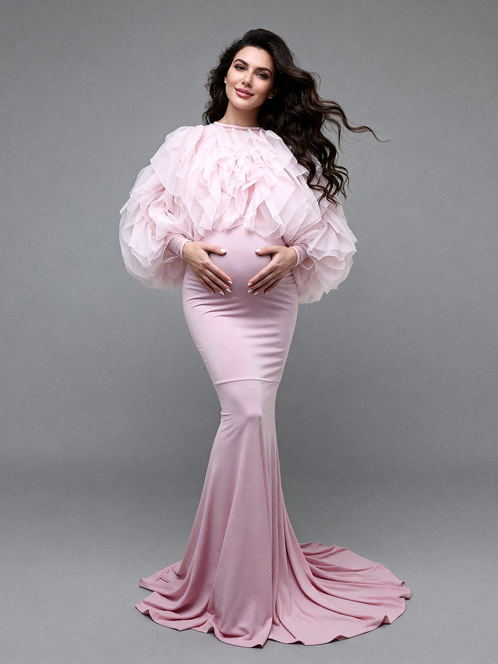 Pink Mermaid Maternity Dress Photoshoot Ruffles Coat 2 Piece Set