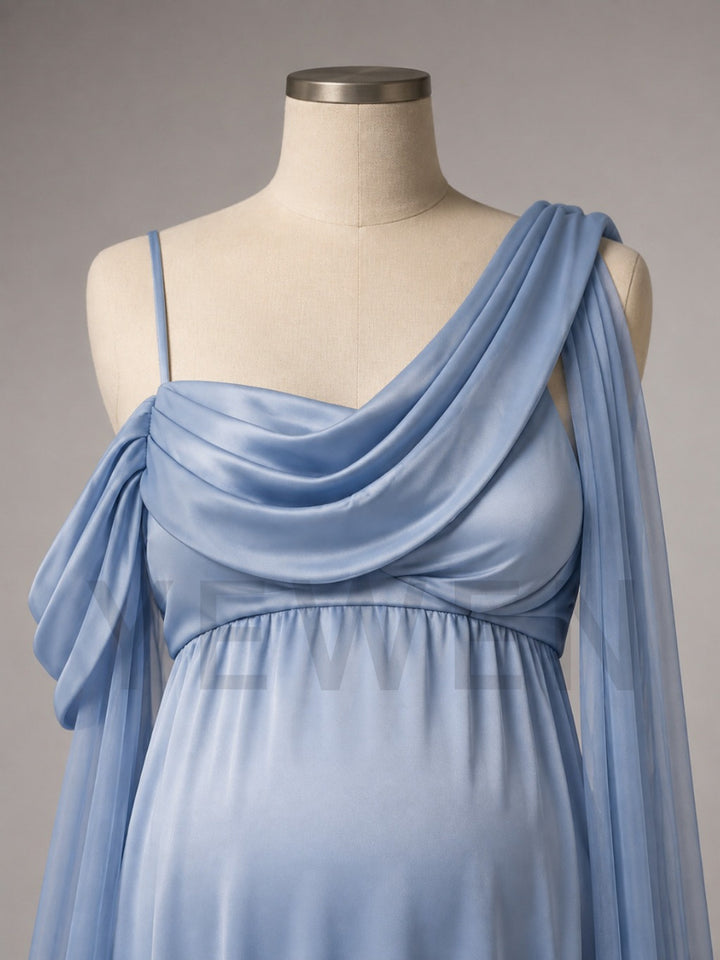 Blue One-Shoulder Maternity Baby Shower Dress with Sheer Cape L-26919
