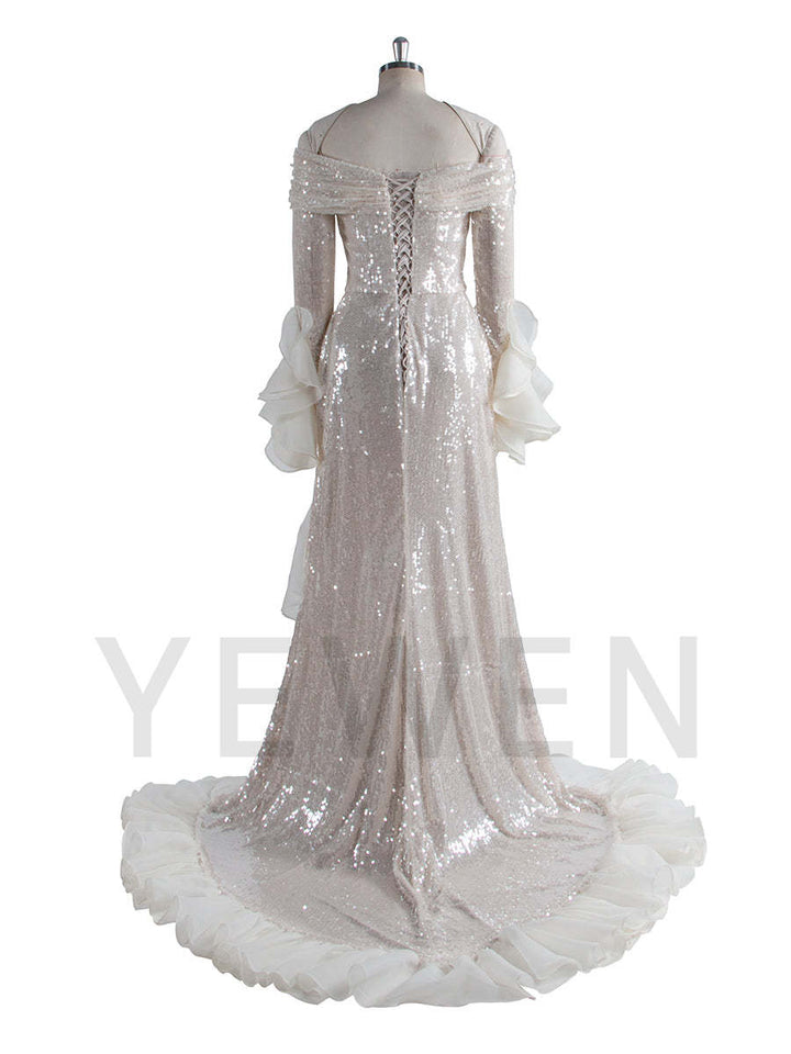 Fashion Shiny sequins Prom Party Dress Long sleeve Off Shoulder Asymmetrical Party Gown YW250020
