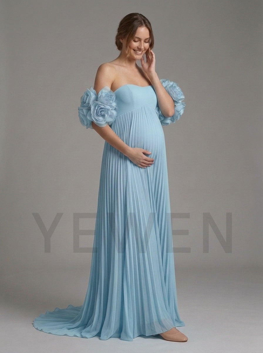 Blue 3D Rose Off-Shoulder Pleated Maternity Dress Baby Shower YD261023