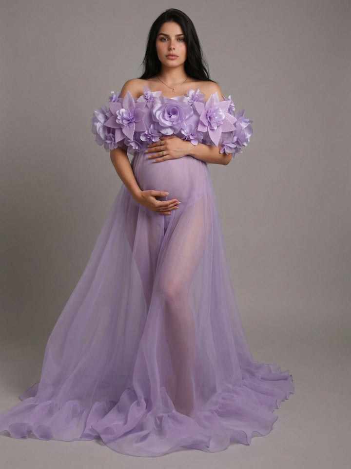 Purple One-Shoulder 3D Floral Sheer Maternity Photoshoot Gown YD260905