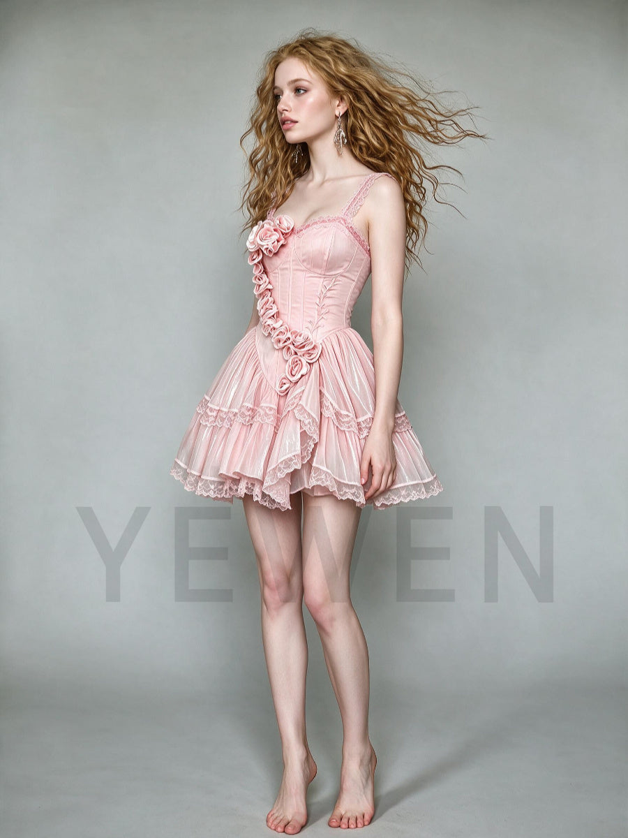 Pink Lace Strap 3D Floral Corset Mini Princess Dress WT268014