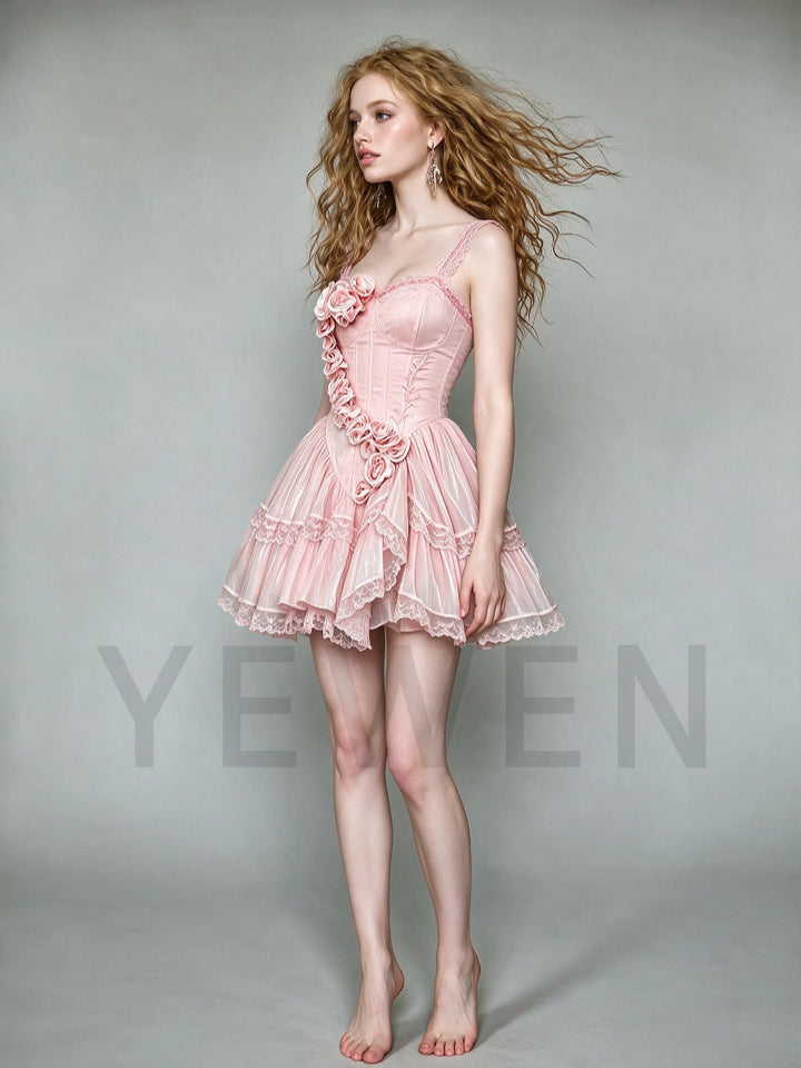 Pink Lace Strap 3D Floral Corset Mini Princess Dress WT268014