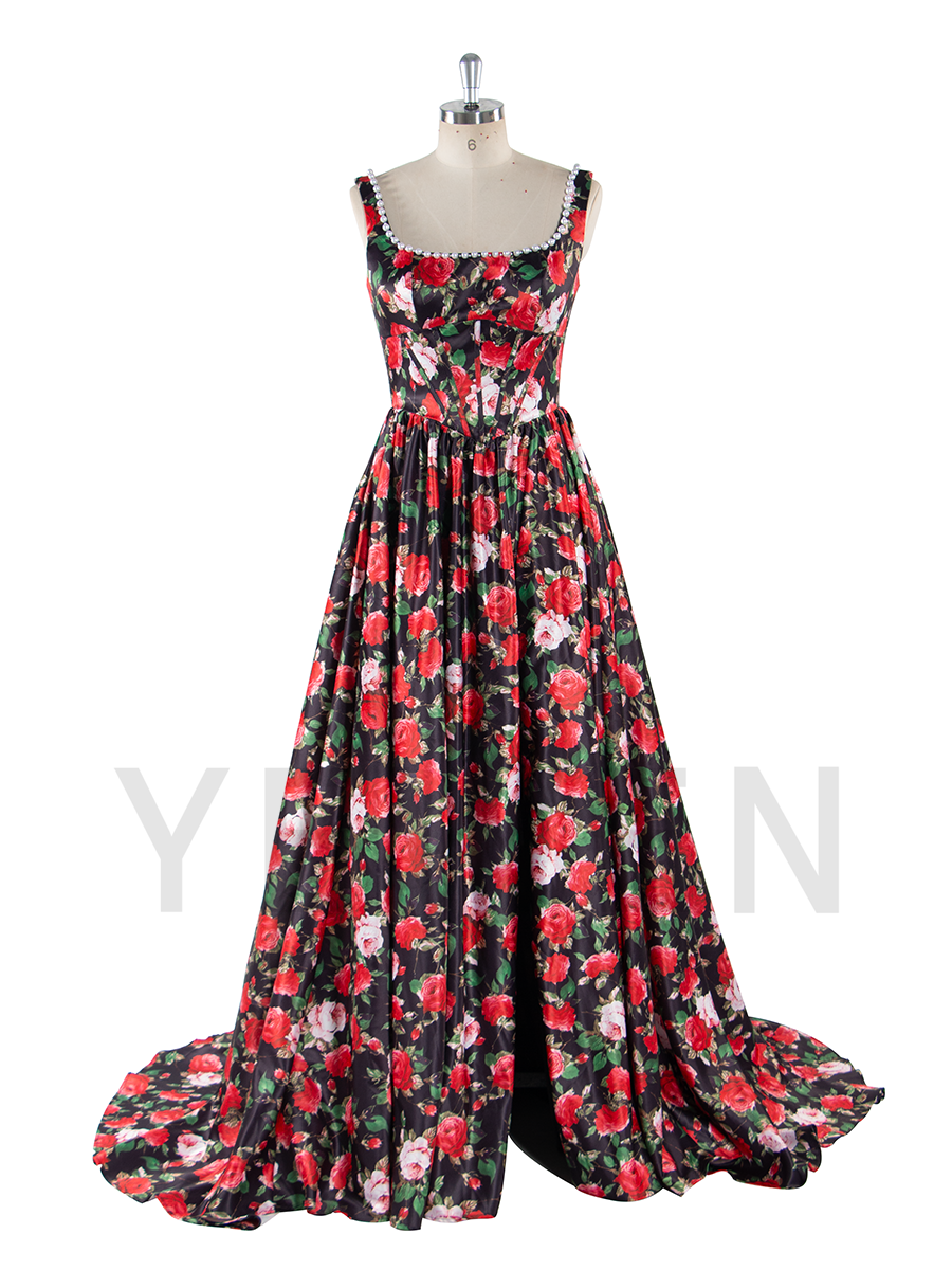 Long Satin Printed Floral Prom Dress A Line Evening Dress for Women 2025 YW250081