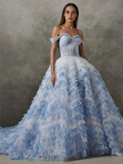 White Overlap Shoulder Gown Blue Trim main image 1