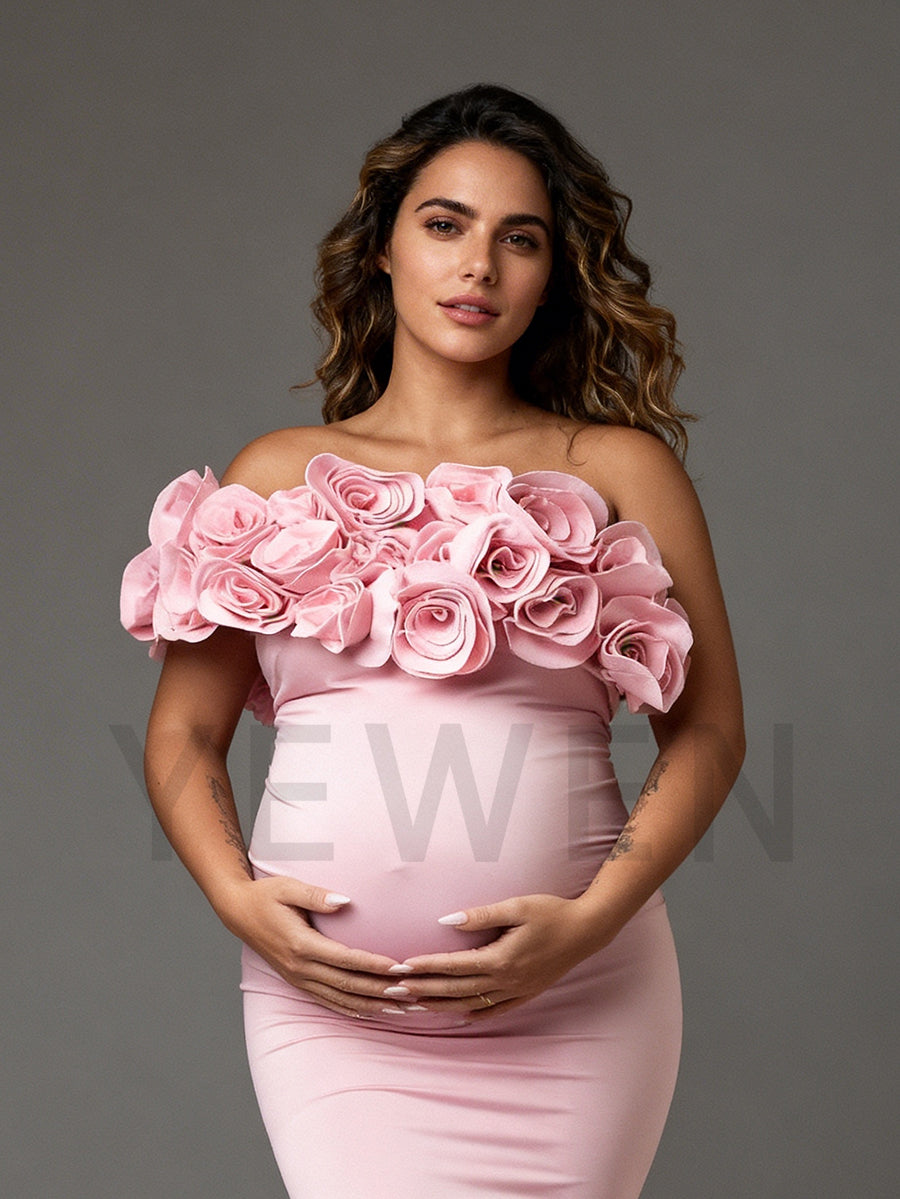 Pink Mermaid Maternity Dress with Rose Flower Baby Shower Gown for Pregency Women