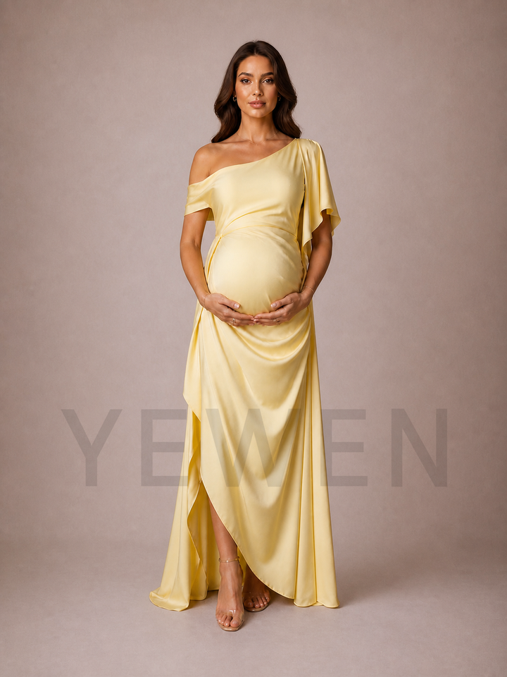 Pastel Yellow Maternity Baby Shower Dress One Shoulder Flutter Sleeve Gown ZX012