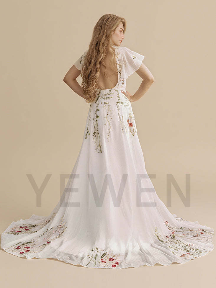 Bohemian Wedding Dress Colorful Floral Lace Chiffon Boho Wedding Gown