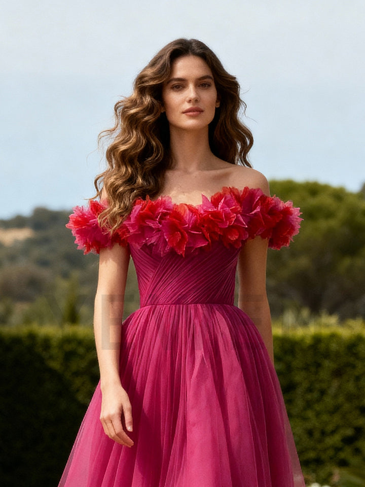 Fuchsia Midi Length Tulle Party Birthday Prom Dress