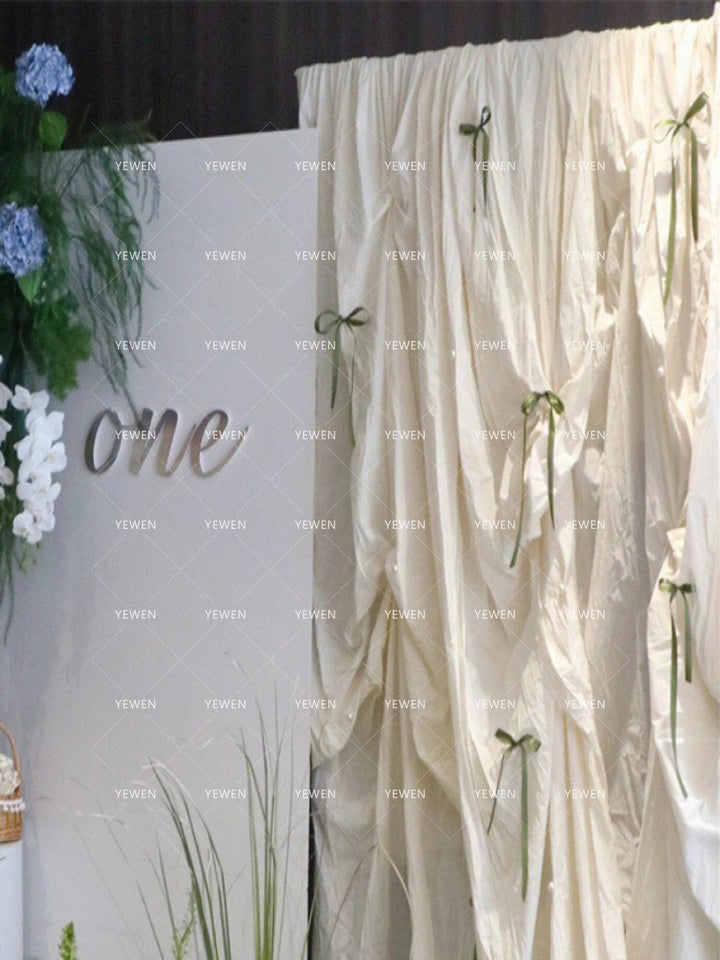 Off-white Bow Pleated Cotton Linen Backdrop Thickened Opaque Photography Background Cloth for Birthday Engagement Photo Props YW2603131D