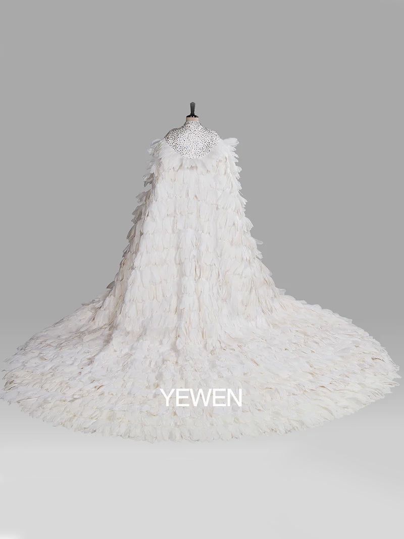 Vintage Feathers Beaded Cape Wedding Maternity Dress for Photograghy