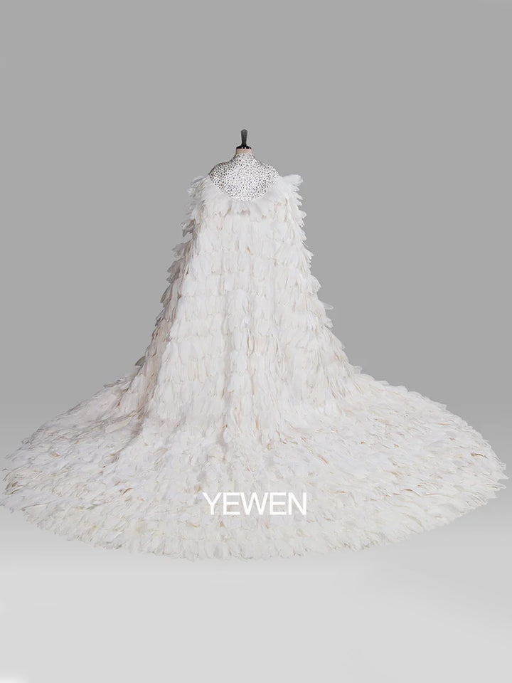 Vintage Feathers Beaded Cape Wedding Maternity Dress for Photograghy