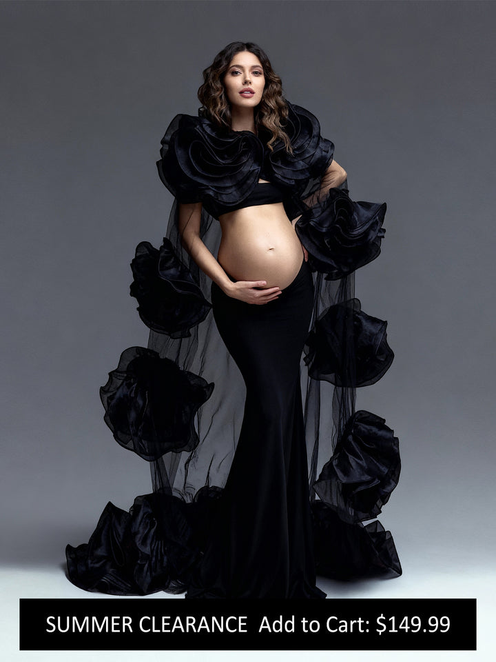 Dramatic Black Maternity Dress Photoshoot Big Flower Cape 3 Piece Set Baby Shower Dress YW250087