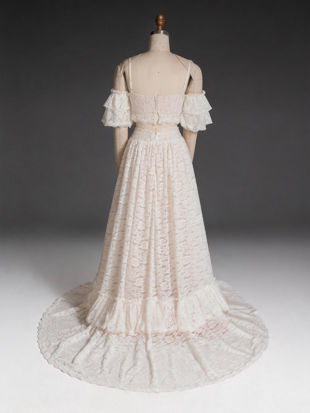 Ivory Lace Two-Piece Off-Shoulder Wedding Dress with High Slit Ruffle Skirt