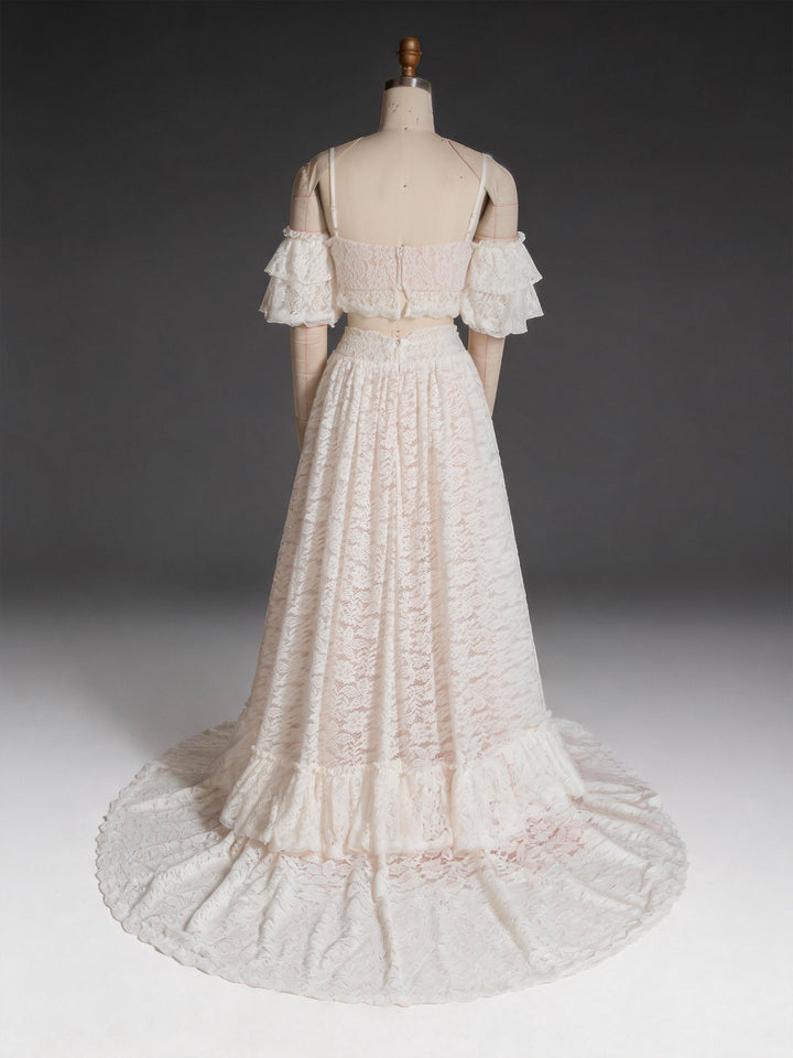 Ivory Lace Two-Piece Off-Shoulder Wedding Dress with High Slit Ruffle Skirt