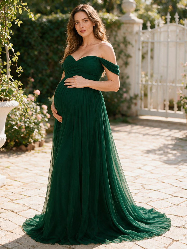Emerald Green Off Shoulder Tulle Maternity Maxi Dress Baby Shower Photoshoot