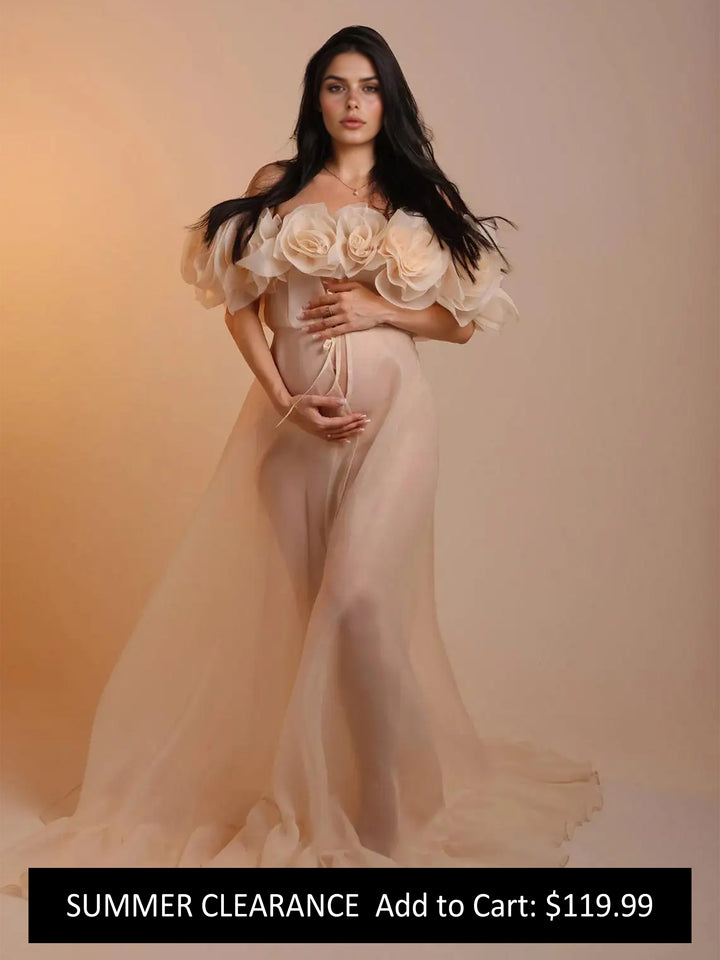 Maternity Dress for Photo Shoot 3D Flower See Through Maternity Gown Organza Sheer Pregnancy Dress for Baby Shower YW250023
