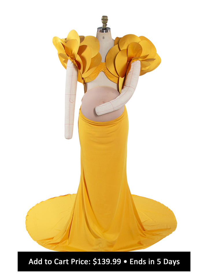 Stretchy Long Maternity Dress for Photoshoot with Handmade Flower Bicep Sleeves YW260234
