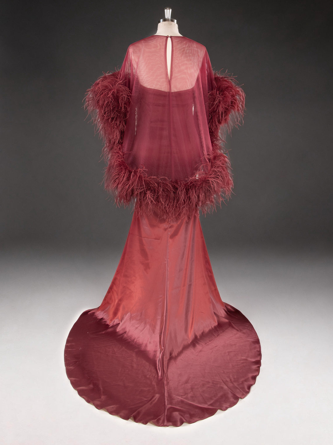 Burgundy Ostrich Feather Cape Maternity Baby Shower Dress YD260917