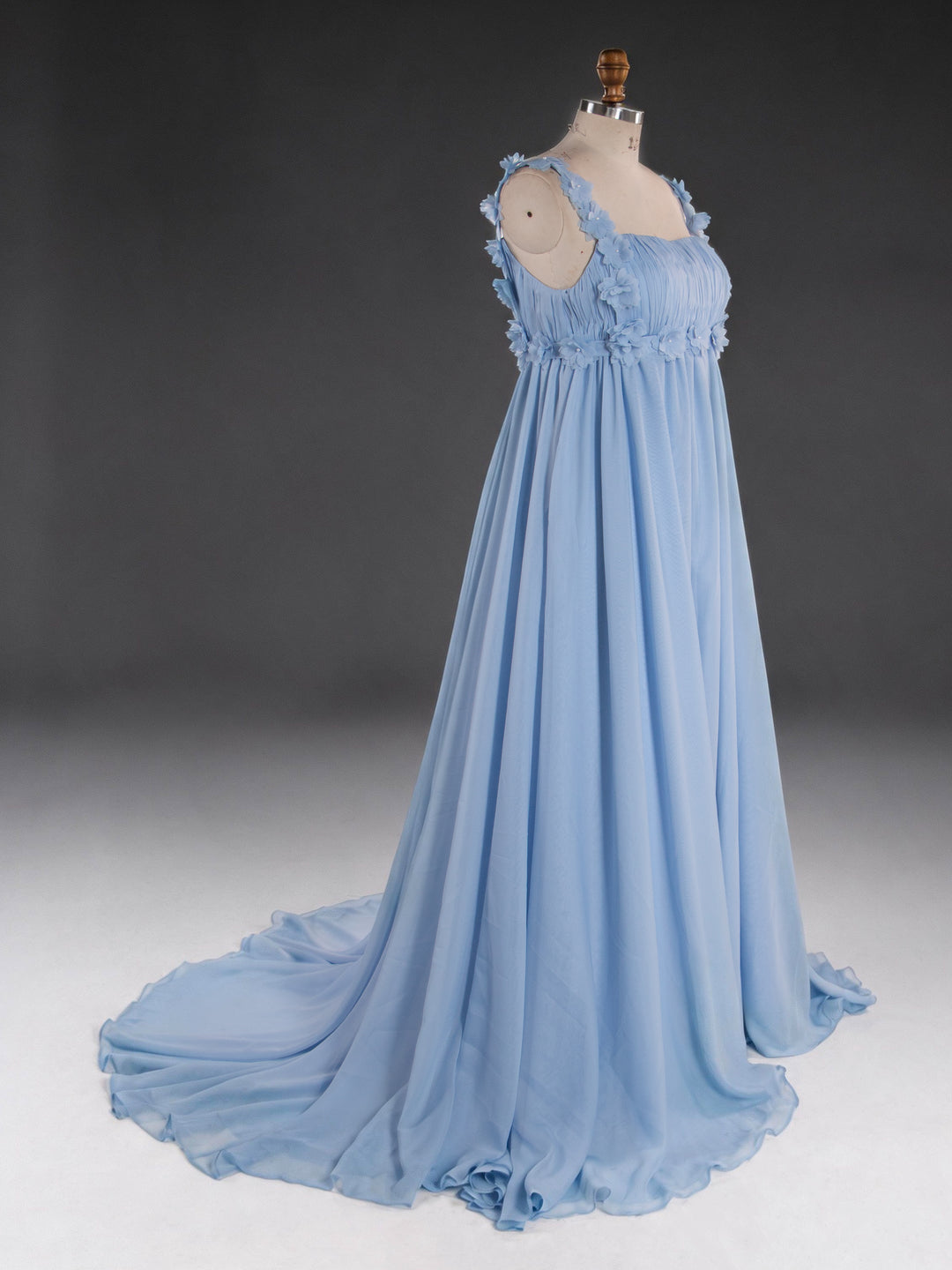Light Blue Square Neck 3D Floral Maternity Baby Shower Dress L-26926