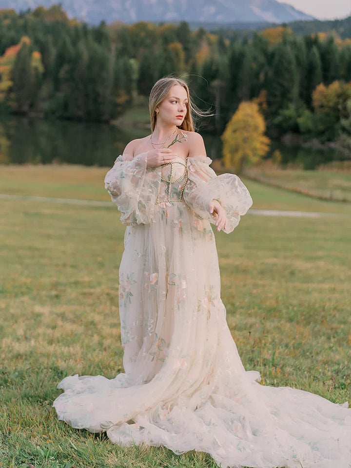 Strapless Long Sleeves Embroidery Floral Wedding Dresses with Color Beading Pearls Dress Photo Shoots Gowns YW230306