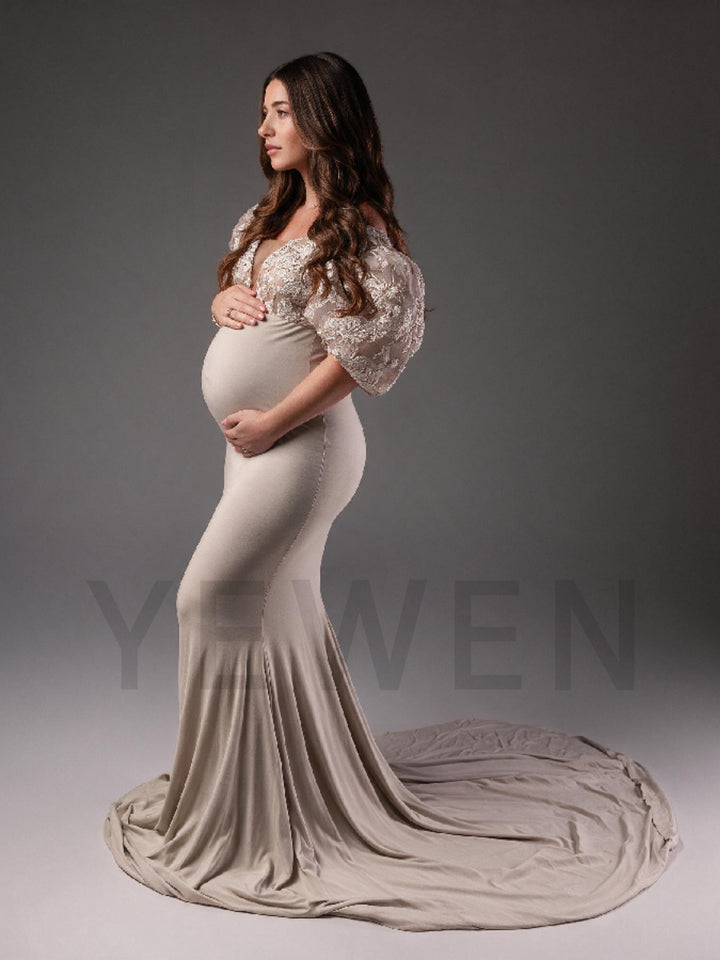 Lace Puff Sleeve Fitted Mermaid Maternity Photoshoot Gown YW2609302
