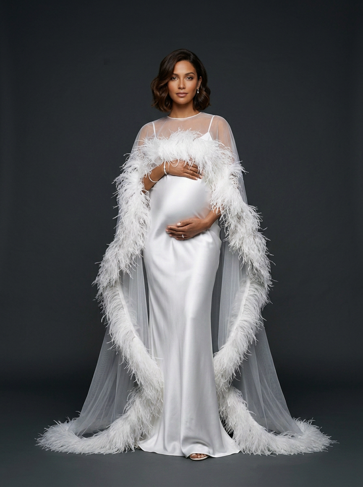 Luxury Ostrich Feather Maternity Cape Dress for Photo Shoot Baby Shower Gown YD260825