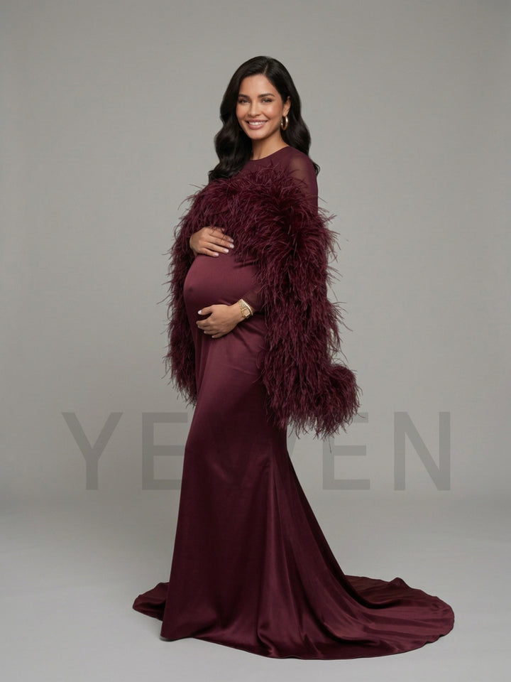 Burgundy Dramatic Feather Cape Maternity Baby Shower Dress YD260917