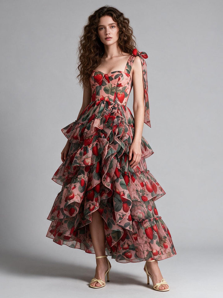 Rose Floral Tiered Ruffle Shoulder Tie Princess Dress YW2610163