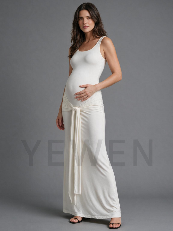 Scoop Neck Maternity Baby Shower Dress with Knotted Front and Draped Sashes