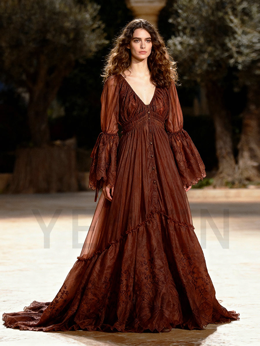 Boho Embroidery Lace Dress for Photo Shoot Woman Maxi Dress Photography Props YW240012