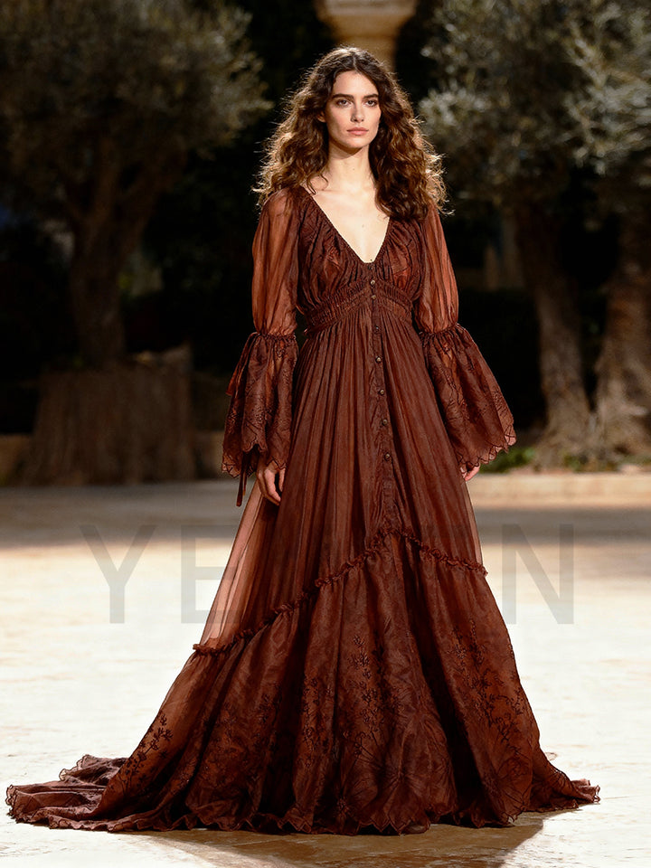 Boho Embroidery Lace Dress for Photo Shoot Woman Maxi Dress Photography Props YW240012