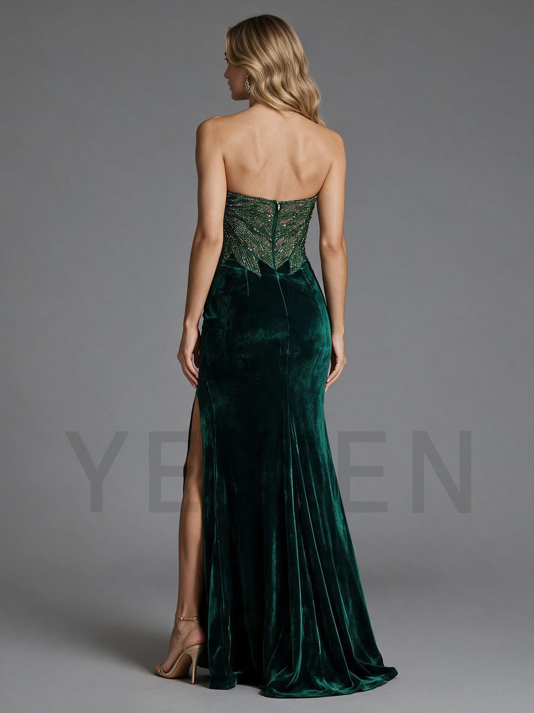 Green Strapless Beaded Velvet Mermaid Christmas Dress YW2609226