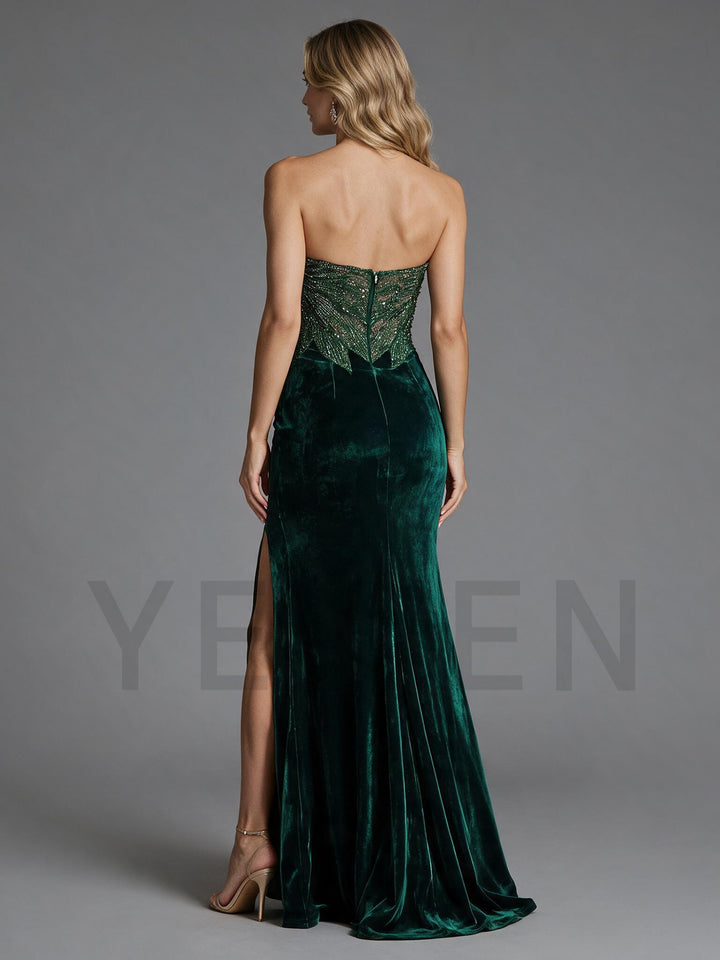 Green Strapless Beaded Velvet Mermaid Christmas Dress YW2609226