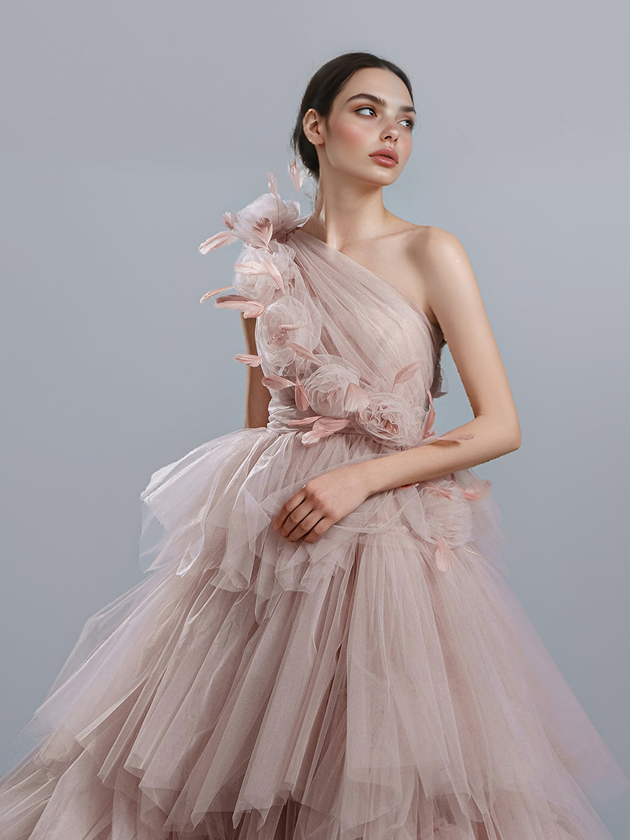 handmade prom dresses Mint Green Tulle Handmade Flowers Applique Off The Shoulder Prom Dresses CP0997